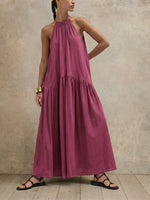 Vestido largo de verano de corte relajado con escote halter, vestido largo holgado sin mangas de mezcla de lino para vacaciones y uso diario.