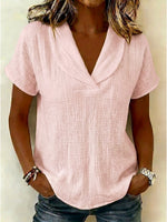 Peter Pan Collar V-neck Short-sleeve Cotton-linen Top