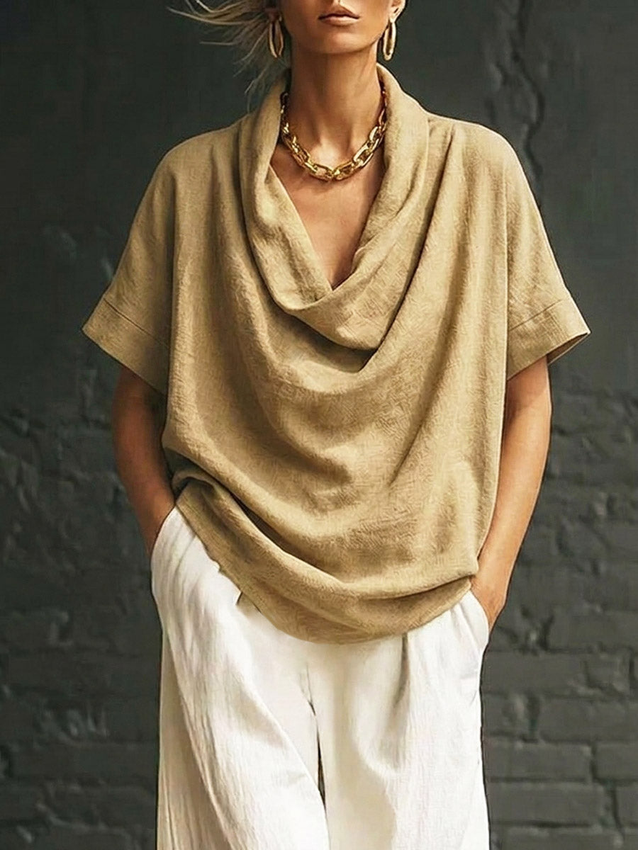 Women's Cowl Collar Art Casual Stylish Short Sleeve Cotton Linen Shirt