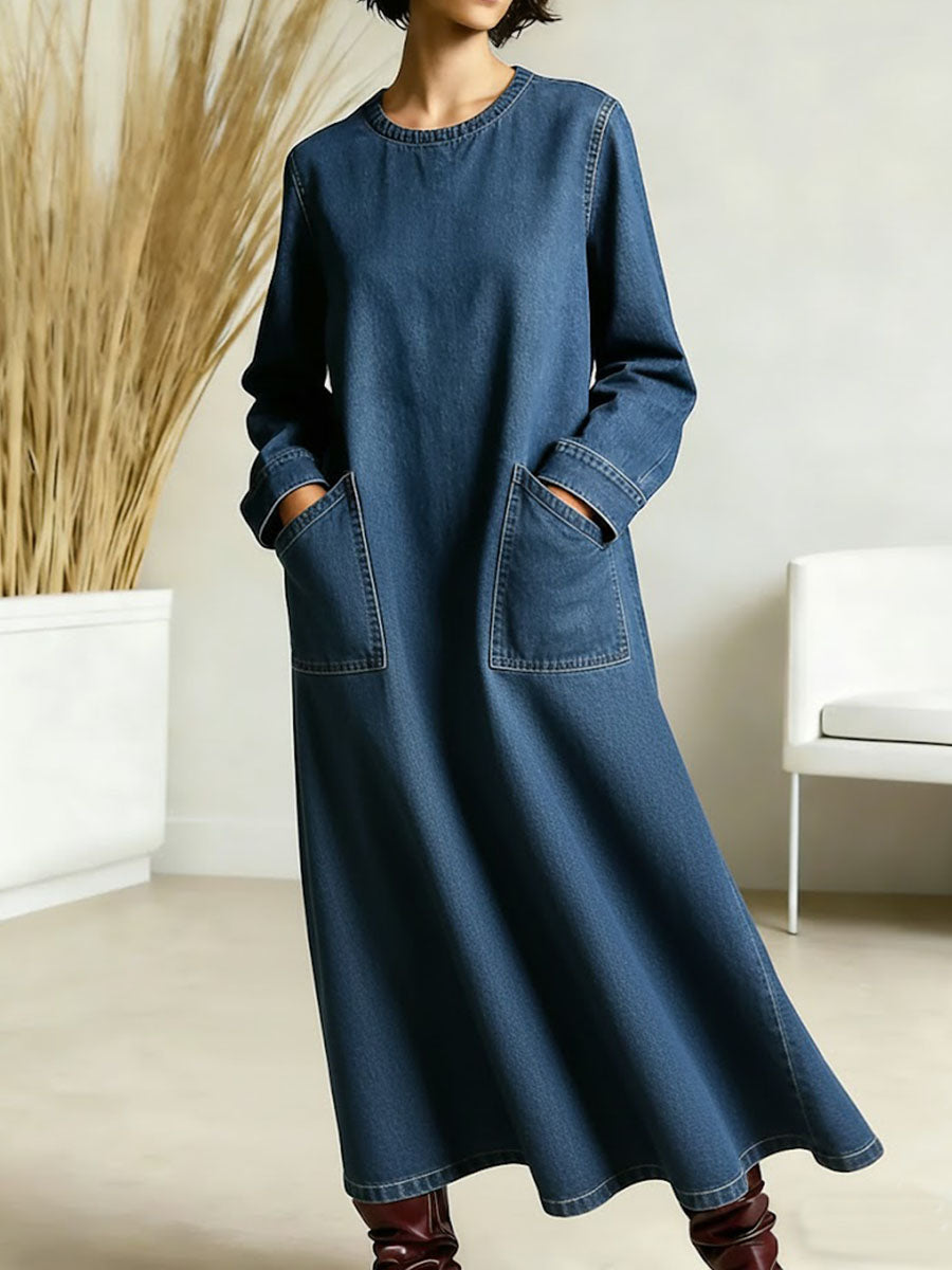 Women's New Spring Collection Round Neck Long-sleeved Casual Loose Denim Dress With Pockets.