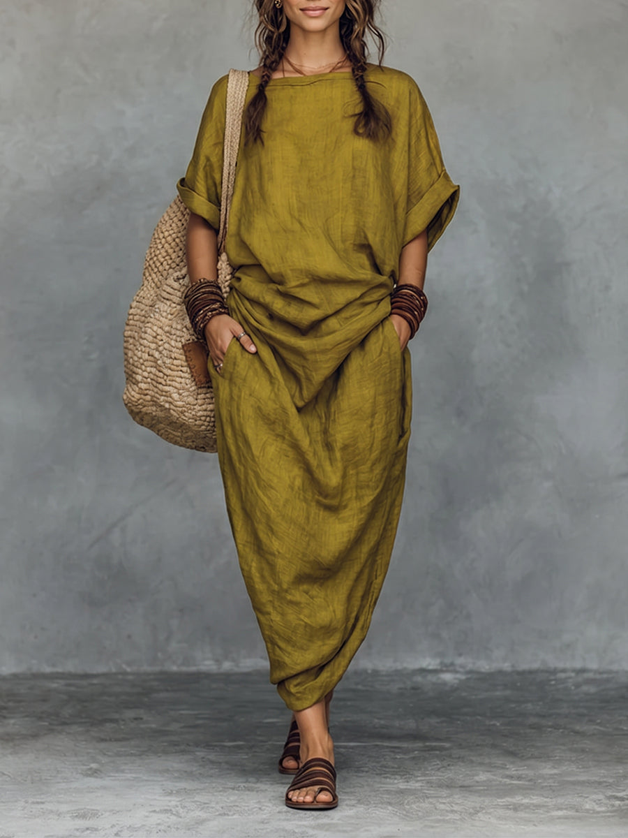 Casual Boat-neck Pleated Cotton-linen Dress