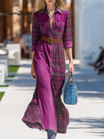 Women's Plaid Patchwork Shirt Collar Long-sleeved Casual Loose Cotton And Linen Dress