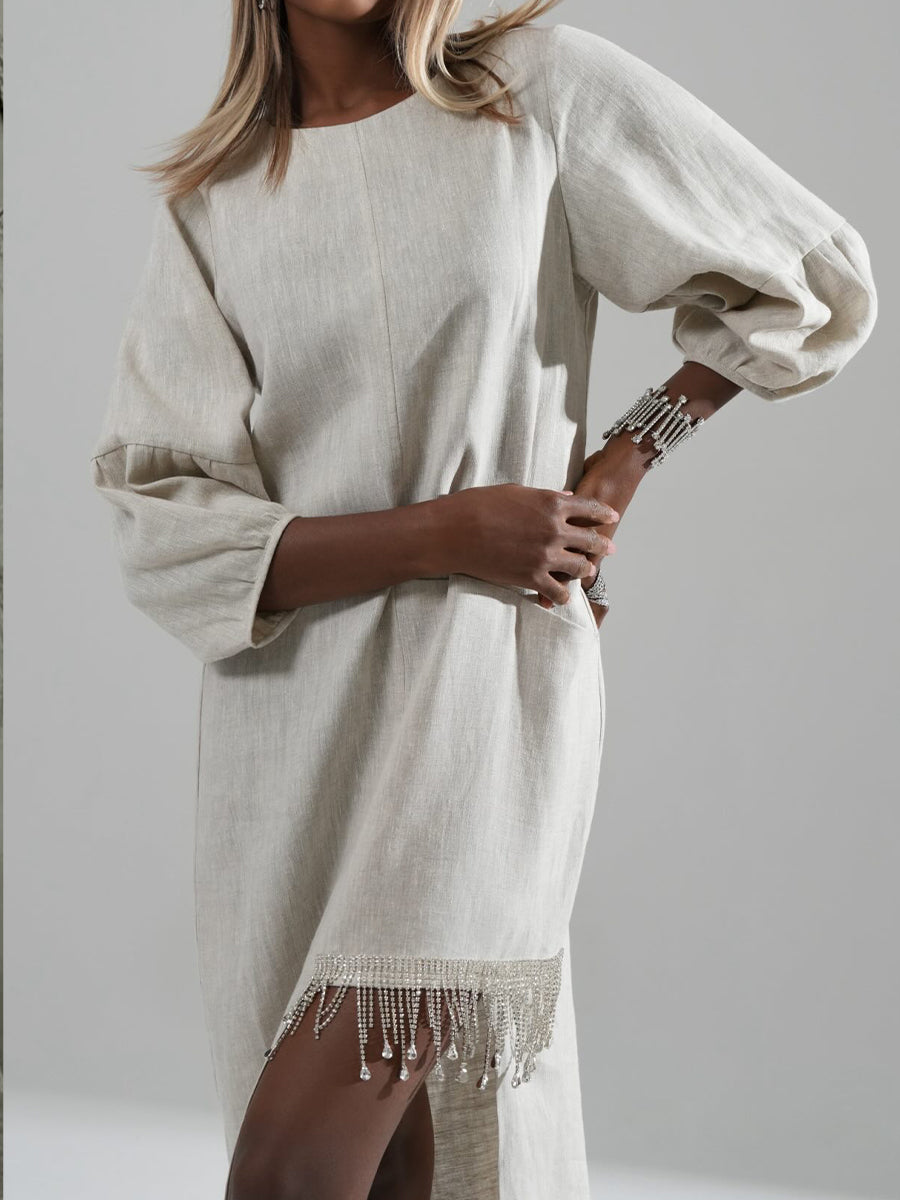 Casual Linen And Cotton Dress With Chain And Rhinestone Embellishments On The Hem