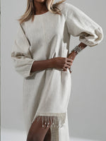 Casual Linen And Cotton Dress With Chain And Rhinestone Embellishments On The Hem