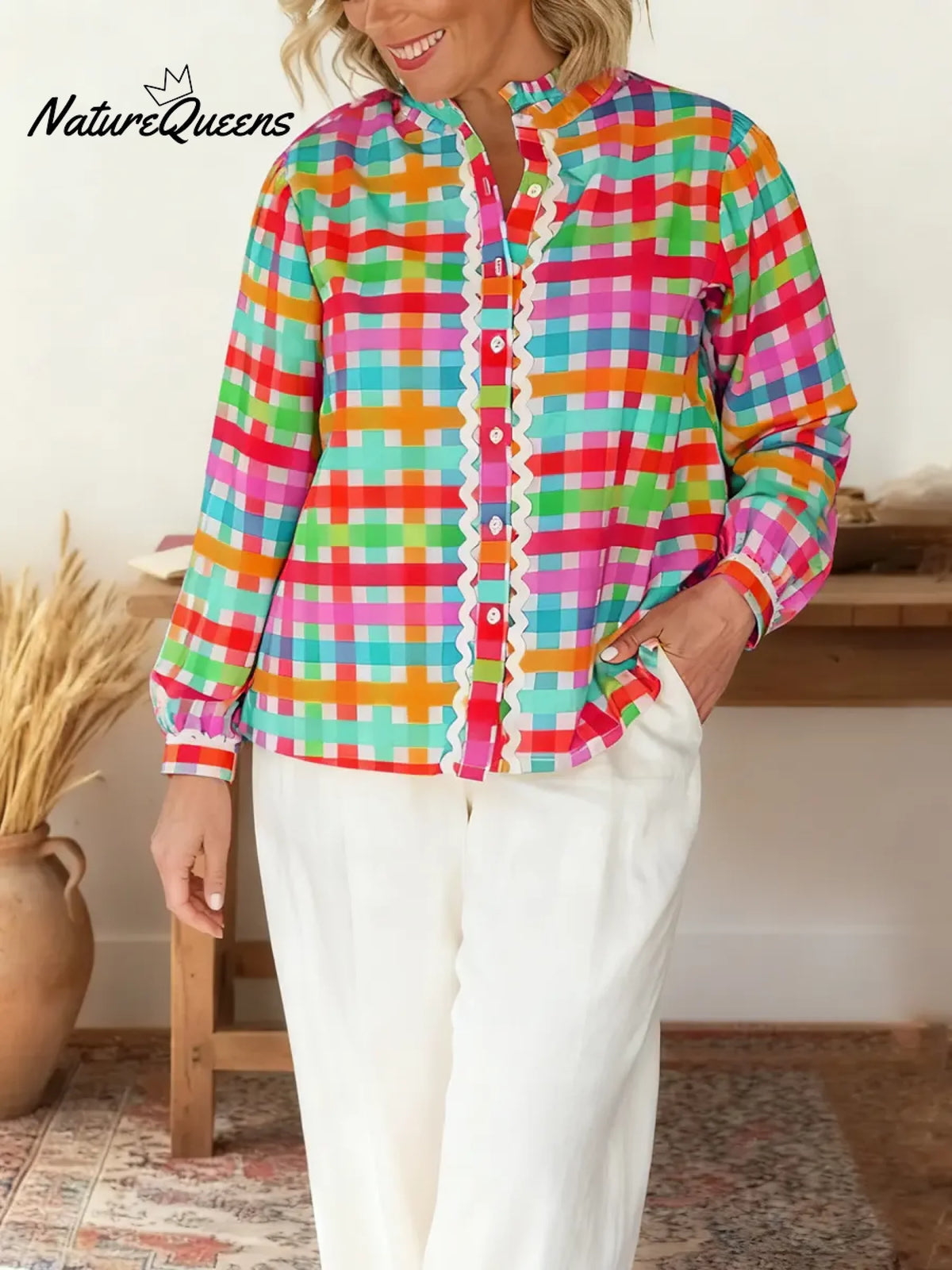 Women's Striped Print Shirt Collar Long Sleeve Casual Loose Cotton Linen Top