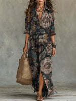 Retro Floral Decorative Pattern Women's Long Sleeve Cotton Dress
