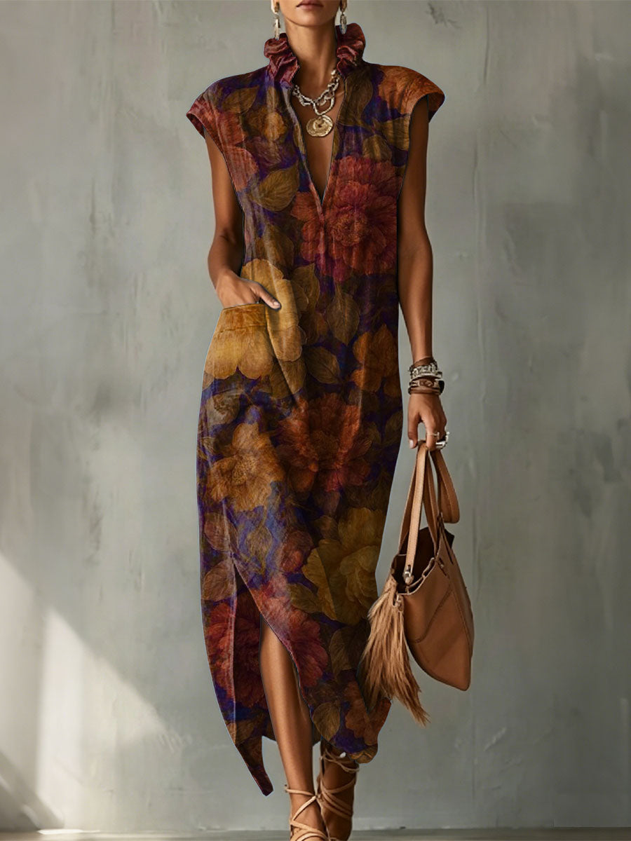 Retro Floral Decorative Pattern Women‘s Bud Collar Cotton Linen Dress
