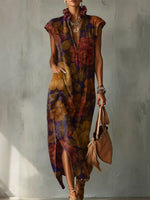 Retro Floral Decorative Pattern Women‘s Bud Collar Cotton Linen Dress