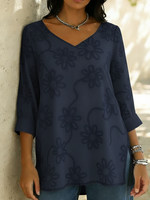 Casual Loose-fitting Floral Embroidery Cotton Shirt Blouse