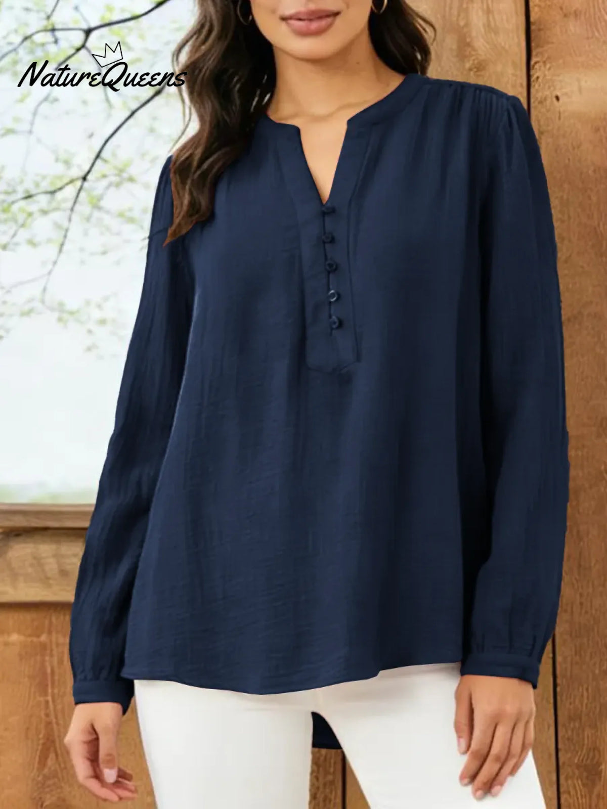 Women's Solid Color V-neck Long-sleeved Casual Loose Cotton And Linen Top