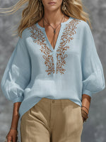 Loose-fitting V-neck Linen And Cotton Shirt