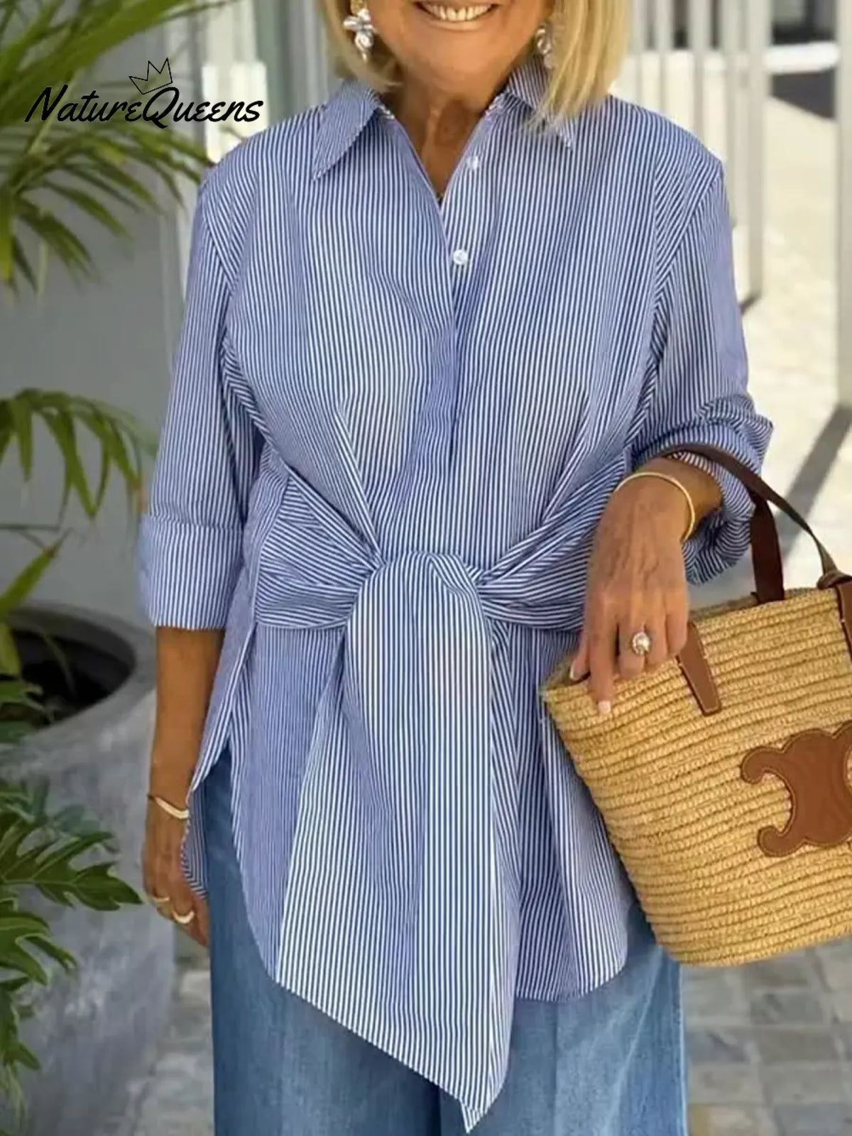 Women's Striped Print Tie-front Lapel Long-sleeved Loose Casual Shirt