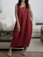 Women's New Spring Collection Square-neck Sleeveless Casual Loose Cotton And Linen Sundress.