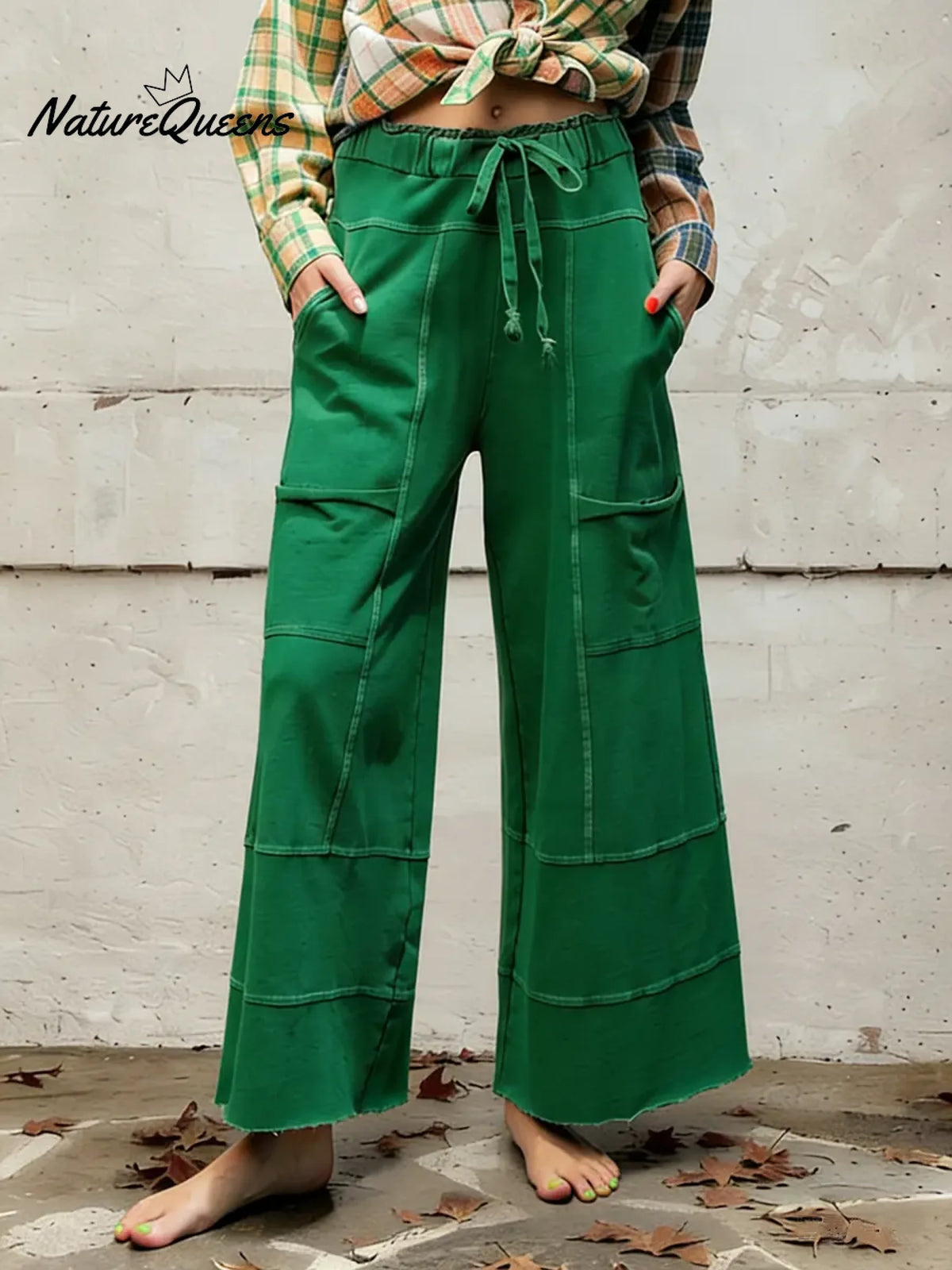 Women's Solid Color High-waisted Drawstring Wide-leg Pants Made Of Cotton And Linen Blend.