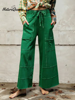Women's Solid Color High-waisted Drawstring Wide-leg Pants Made Of Cotton And Linen Blend.