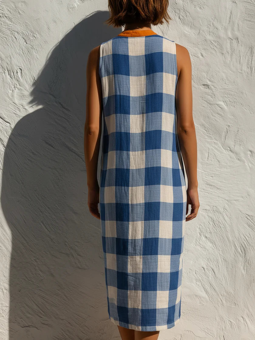 Casual Sleeveless Plaid Linen And Cotton Dress