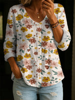 Women's Vintage Botanical Art Print Linen-cotton Shirt