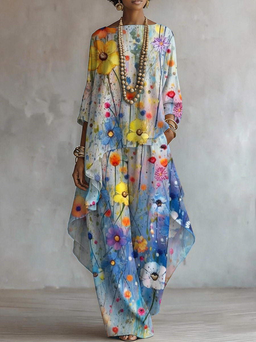 Women's Floral Art Print Casual Stylish 3/4 Sleeve Cotton Linen Suits