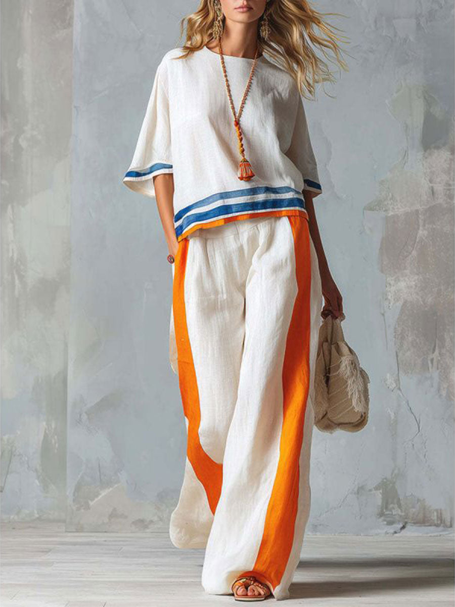 Women's Striped Color-block Loose Vacation Round Neck Short-sleeve Top And Wide-leg Pants Two-piece Set