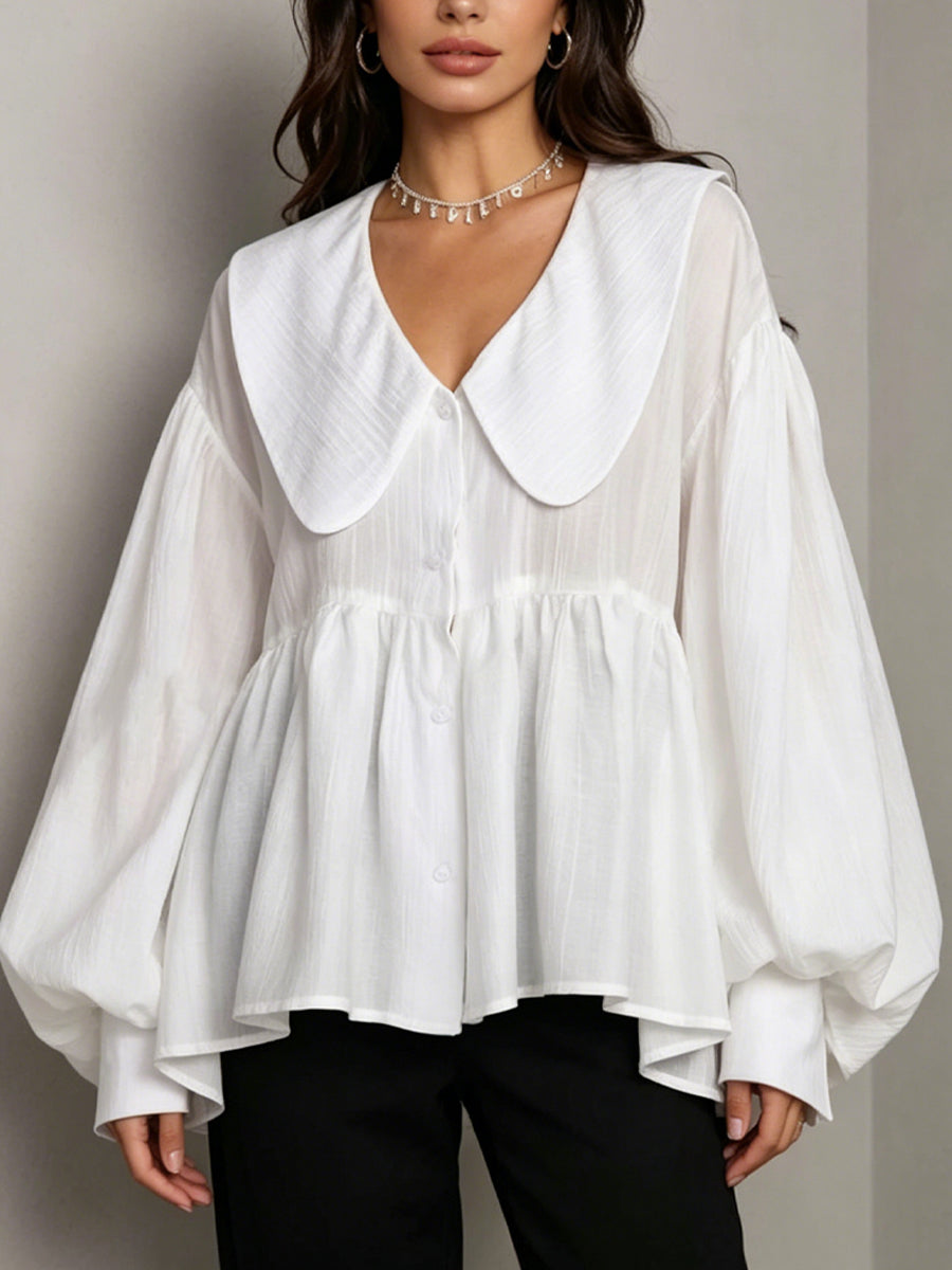 Women's Doll Collar Puff Sleeve Cinched Waist White Shirt