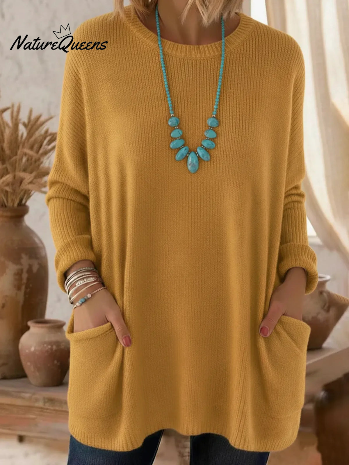 Cozy Loose-fitting Crew Neck Pocket Sweater Pullover