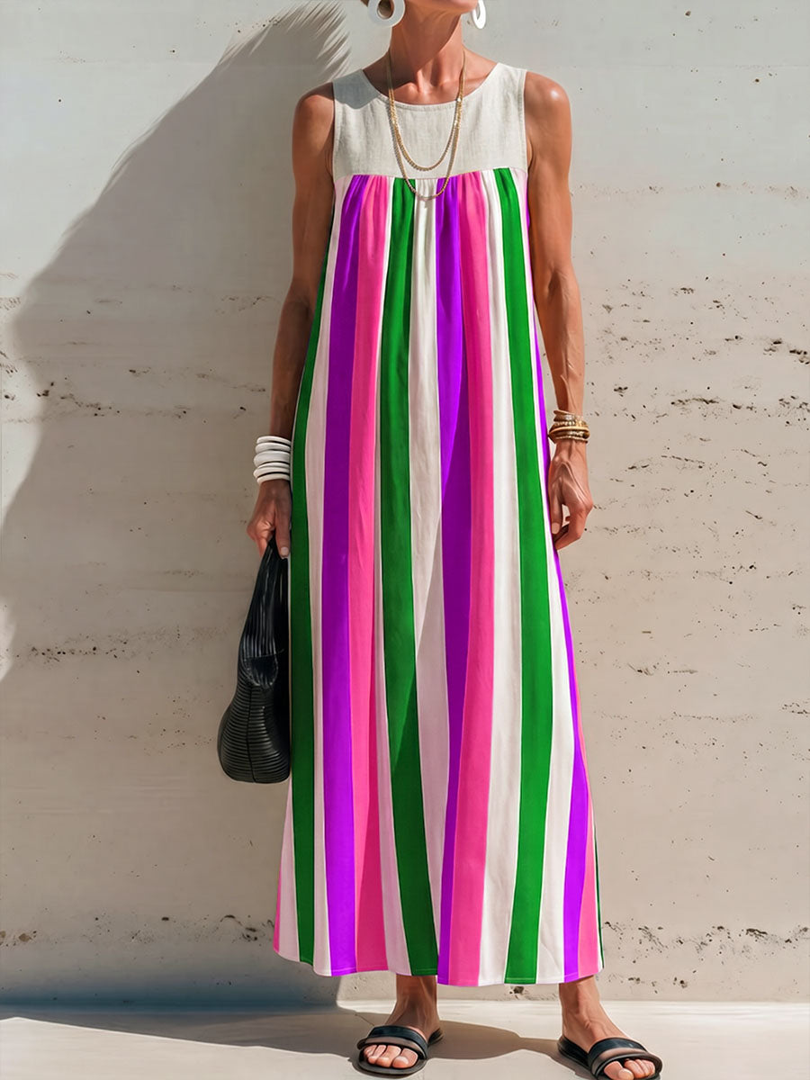 Women's Casual Loose Cotton-linen Dress With Contrast Striped Print Round Neck And Sleeveless Design