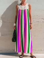 Women's Casual Loose Cotton-linen Dress With Contrast Striped Print Round Neck And Sleeveless Design