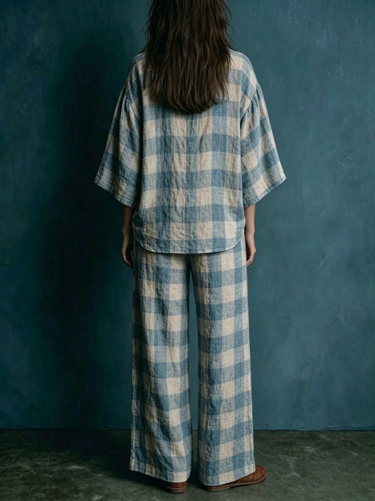 Two-piece Set: Cotton-linen Top With A Partial Button Placket, Plaid Pattern, And Batwing Mid-length Sleeves + Wide-leg Pants With An Elastic Waist.