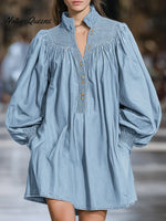 Women's Solid Color Stand-collar Long-sleeved Casual Loose-fitting Pleated Cotton Dress