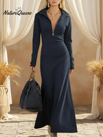Casual Cozy Stand-up Collar Zip-up Stretch Maxi Dress