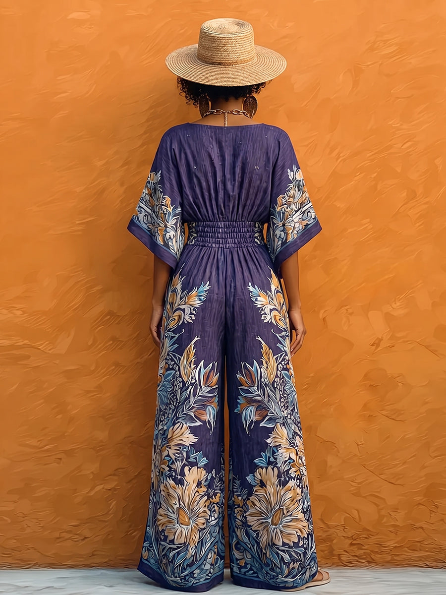 Boho Floral Print V-neck Wide-leg Jumpsuit