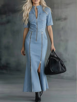 Casual Zippered Denim Fishtail Dress