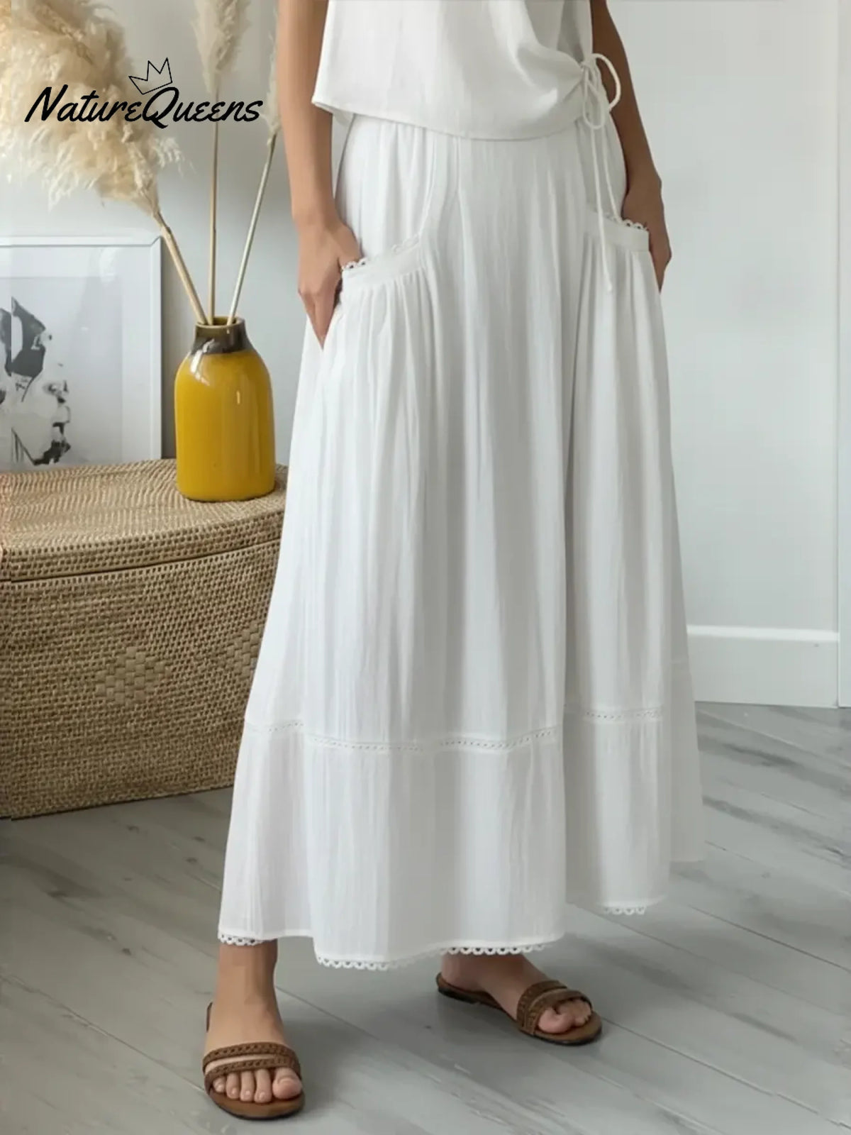 Women's Casual Patchwork White Lace Linen-cotton Skirt