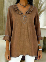 Women's V-neck 3/4 Sleeve Casual Loose Denim Top