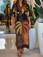 Women's Vintage-print V-neck 3/4-sleeve Cotton-linen Dress