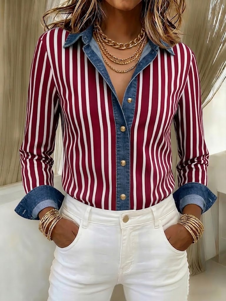 Casual Striped-panel Denim Long-sleeve Shirt