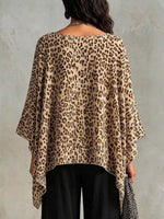 Women's Vintage Leopard Print V-neck 3/4-sleeve Casual Loose Cotton-linen Top