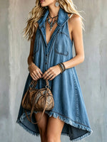 Women's Frayed-hem Denim Lapel Collar Sleeveless Mini Dress