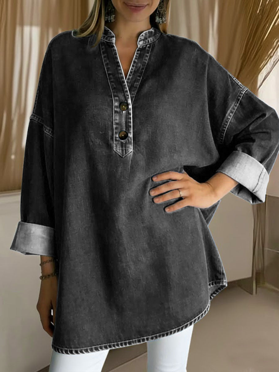 Women's V-neck Long-sleeved Loose-fitting Denim Top