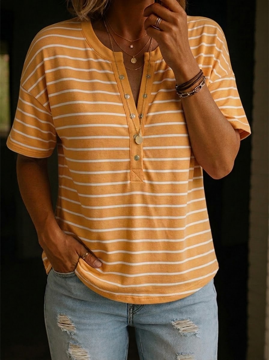 Cozy And Casual Henley Collar Striped Cotton T-shirt