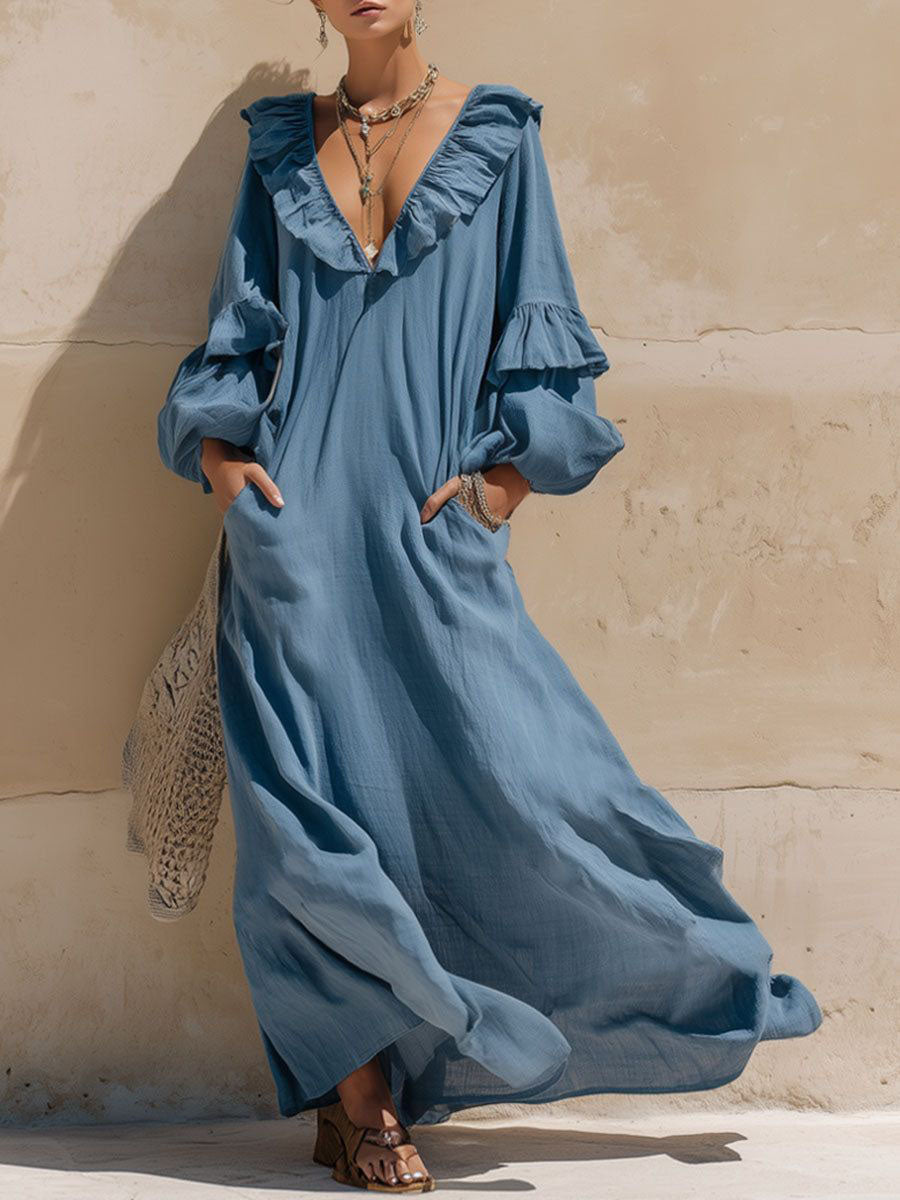 Women's Solid Color Ruffle V-neck Long-sleeved Casual Loose Cotton And Linen Dress