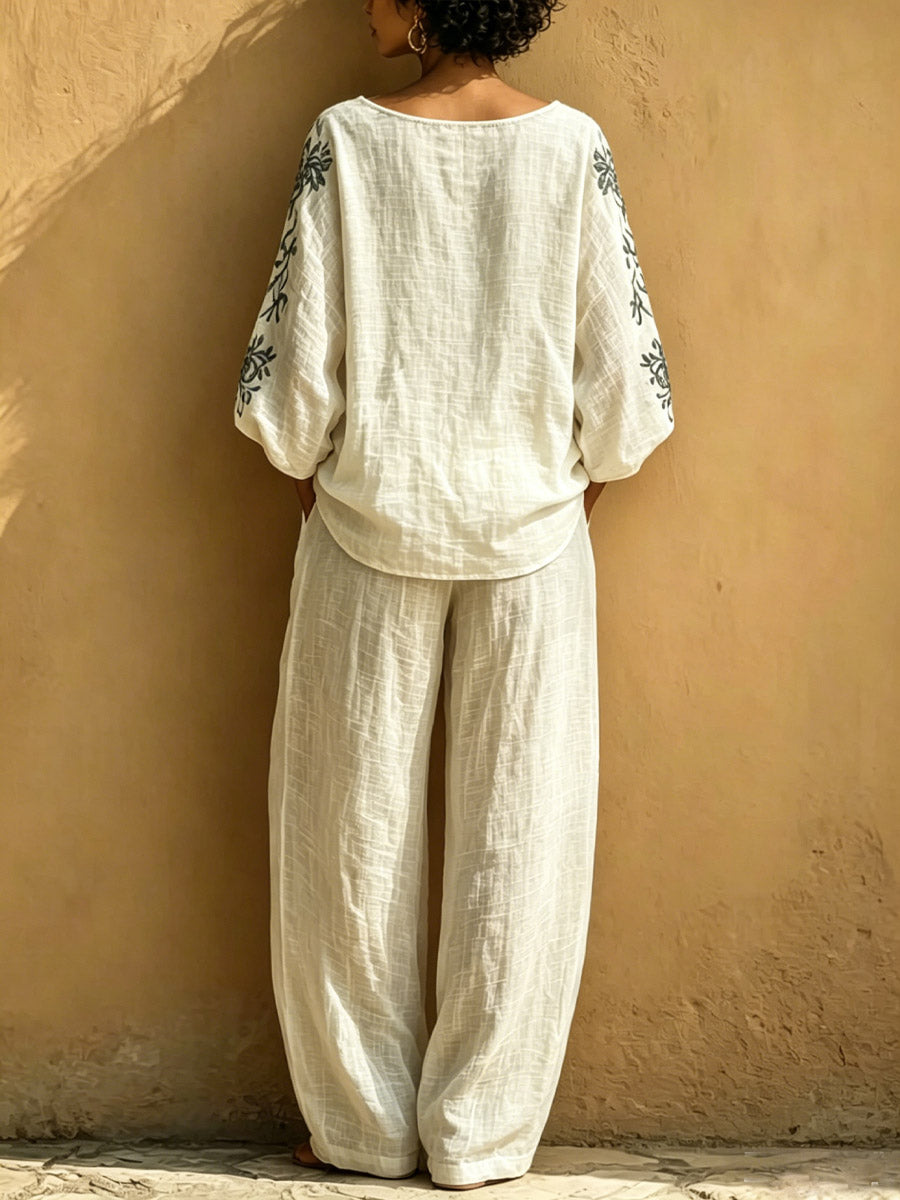 Women's Ethnic Art Comfortable Casual Top And Pants Cotton Linen Two-piece Set