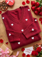 Women's Valentine's Day Heart Jacquard V-neck Long-sleeved Knit Sweater