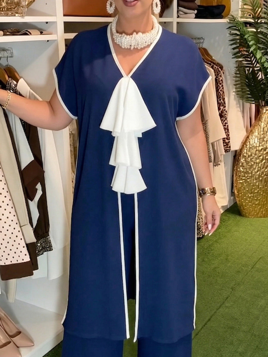 Elegant Contrast-trim Tie-detail Chiffon Longline Blouse