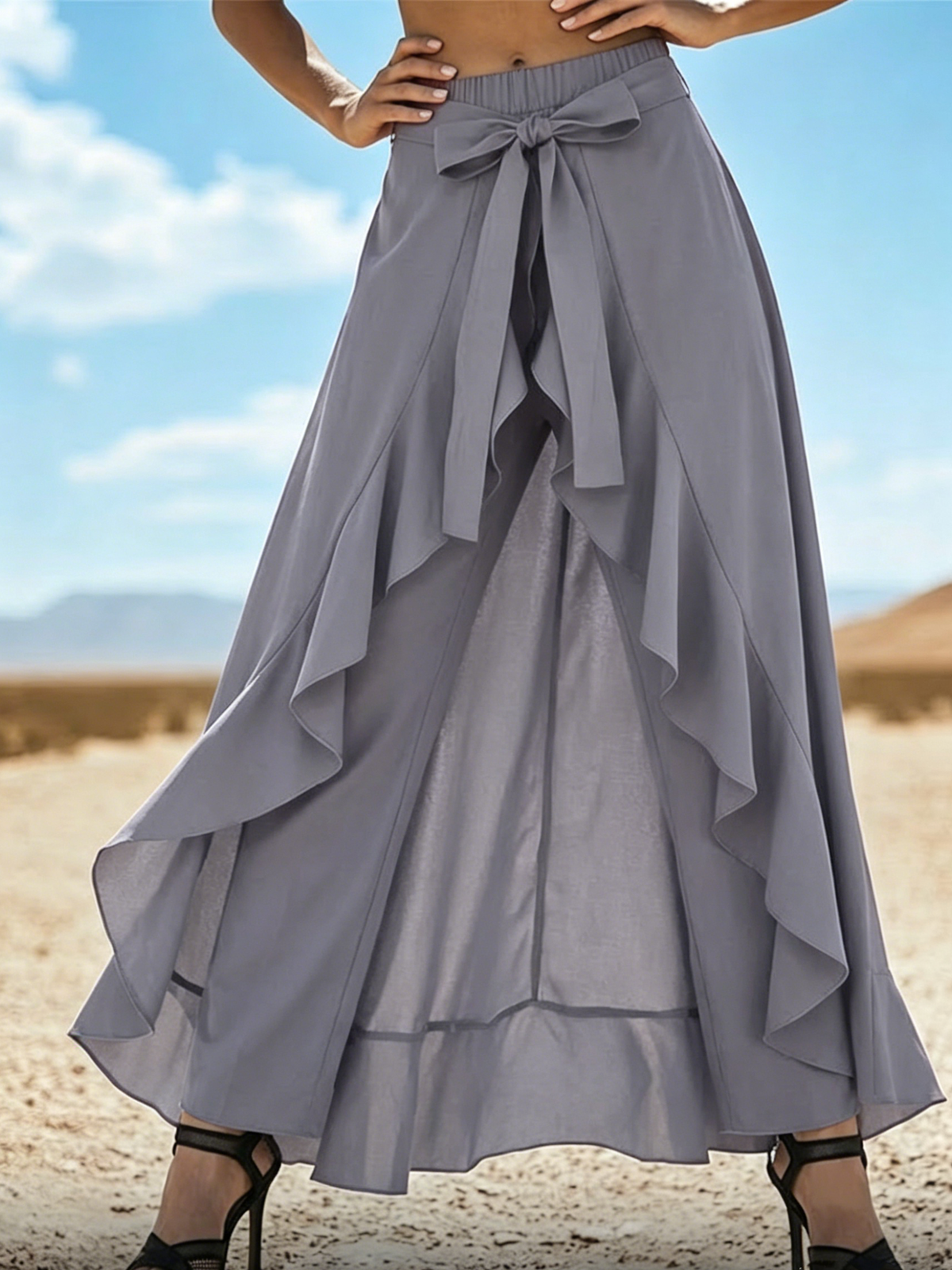 Elastic Waist Front Slit Ruffle Flowy Culottes