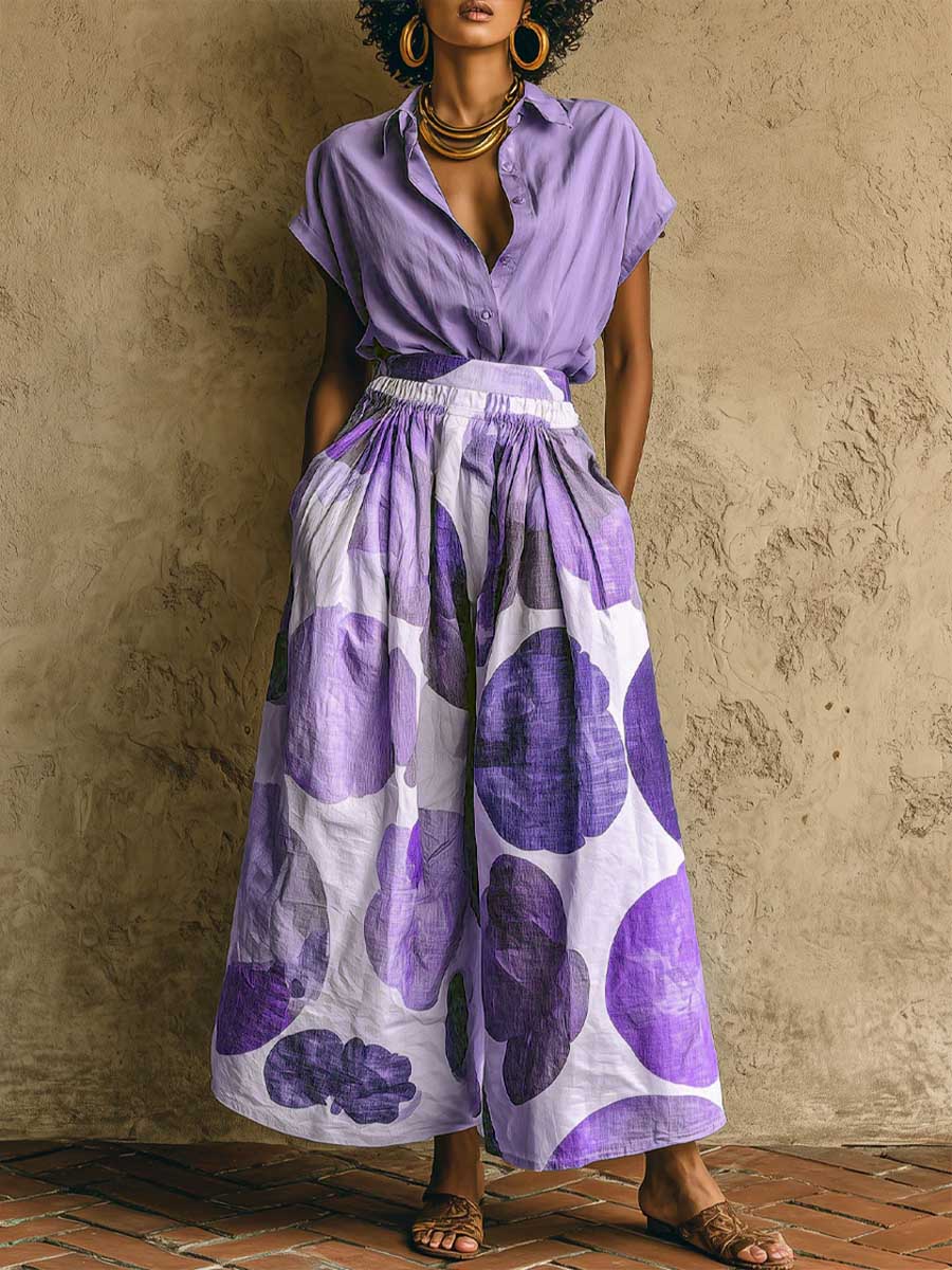Women's Solid-color Short-sleeve Shirt-collar Top & Elastic-waist Printed Wide-leg Pants Set — Casual & Loose Fit