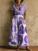 Women's Solid-color Short-sleeve Shirt-collar Top & Elastic-waist Printed Wide-leg Pants Set — Casual & Loose Fit