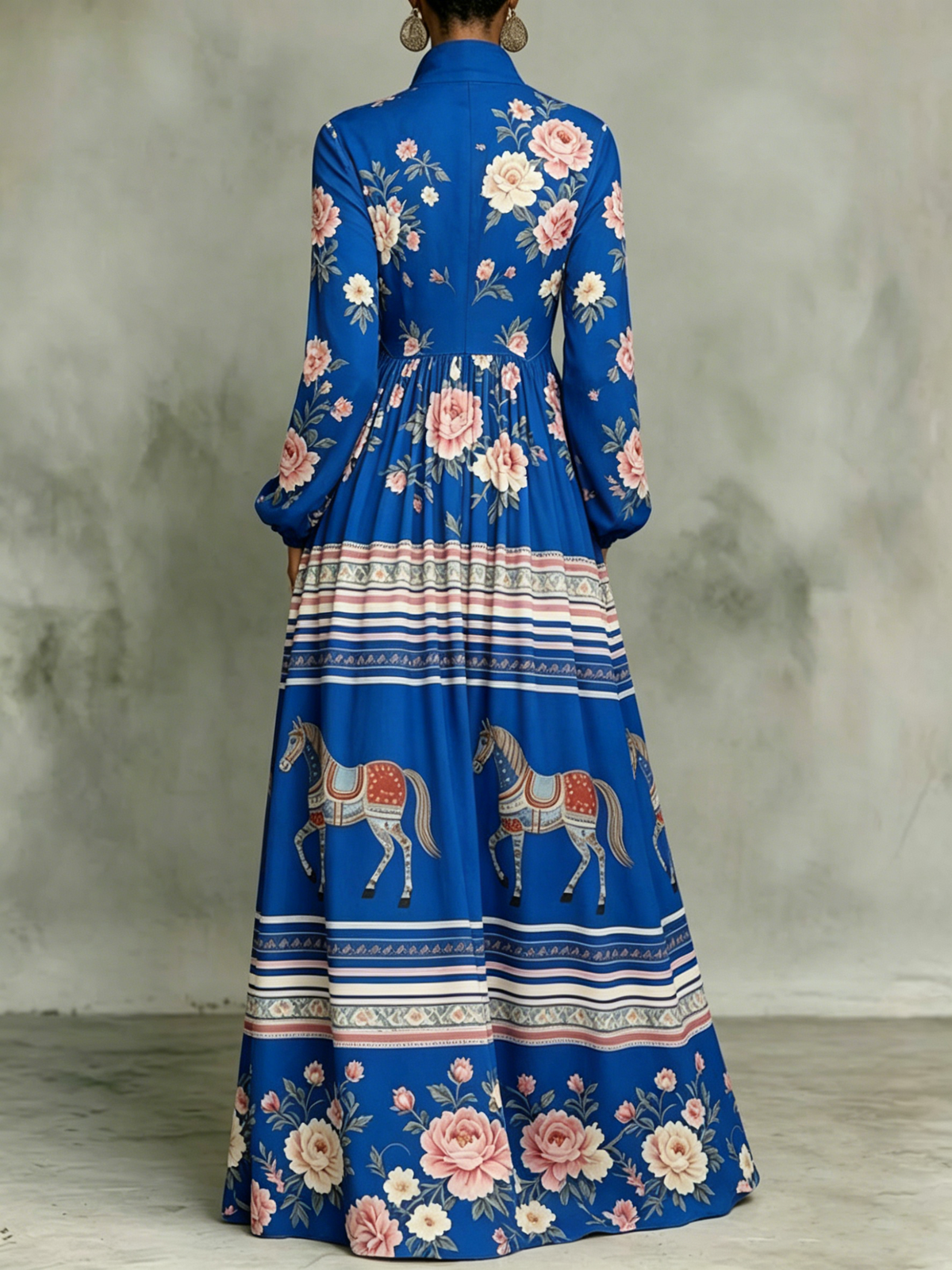 Classic Ethnic-style Dress Featuring Floral And Galloping Horse Print — Turn-down Collar, Cinched Waist, And Flared Skirt