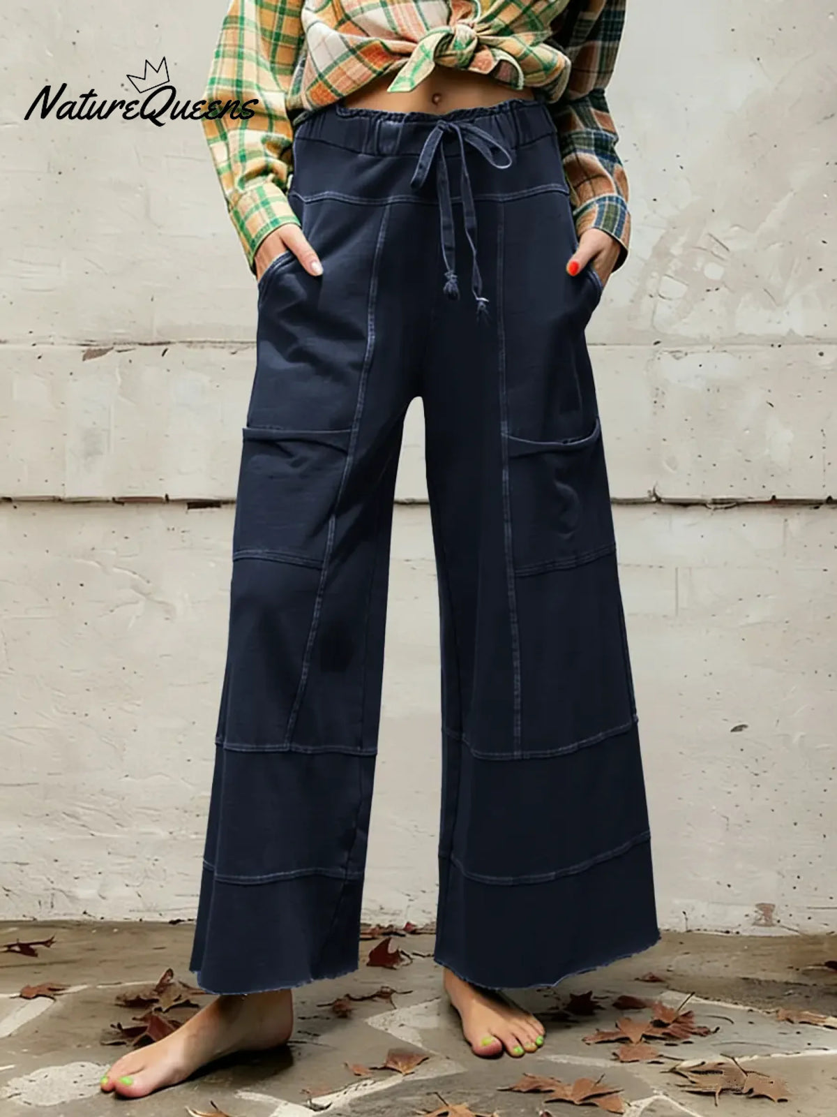 Women's Solid Color High-waisted Drawstring Wide-leg Pants Made Of Cotton And Linen Blend.