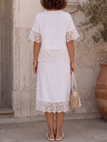 Women's Solid-color Round-neck Short-sleeve Casual Loose Cotton-linen Top With Lace Splicing, Paired With A High-waisted Casual Loose Cotton-linen Skirt — Two-piece Set